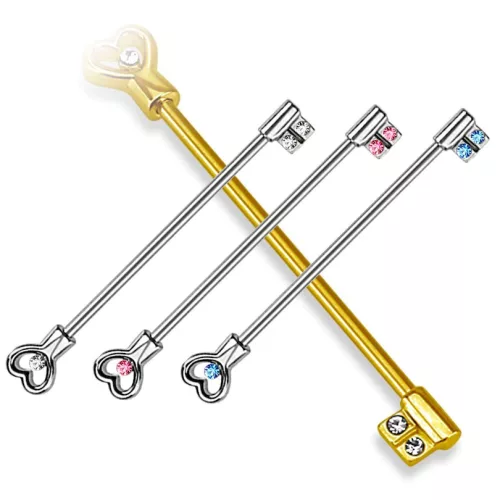 Industrial piercing, kulcs mintával (ezüst szín, pink kő)