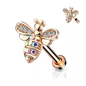   Labret belső menettel, csillogó köves méhecskével - rose gold