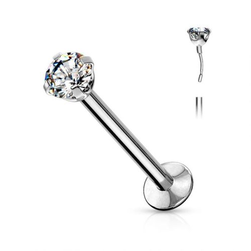 Push-in labret 6mm (ezüst színű, 2mm crystal kővel)