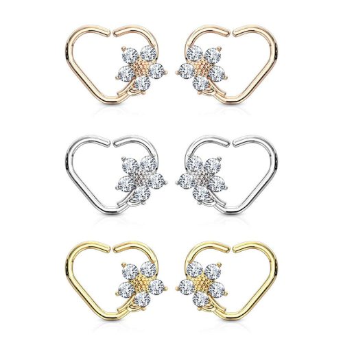 Szív alakú fülpiercing virággal (arany színben)